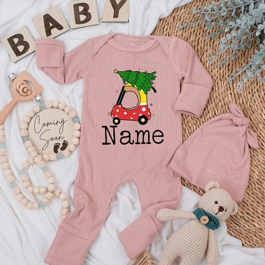 Personalized Christmas Car Baby Bodysuit Set, Red Polka Dot Holiday Romper, Custom Name First Xmas Outfit, Infant Boy Girl Clothes, Shower Gift 136 chars