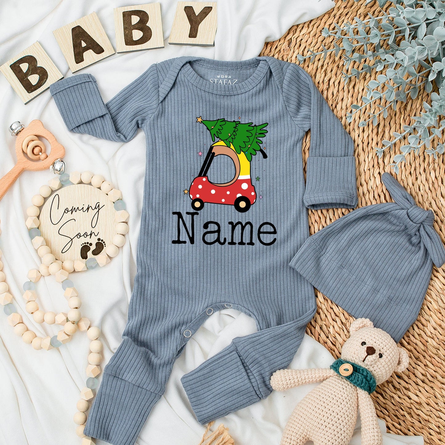 Personalized Christmas Car Baby Bodysuit Set, Red Polka Dot Holiday Romper, Custom Name First Xmas Outfit, Infant Boy Girl Clothes, Shower Gift 136 chars