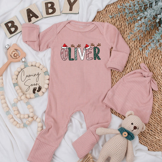 Personalized Xmas Baby Bodysuit Hat Set, Unisex Holiday Romper Gift