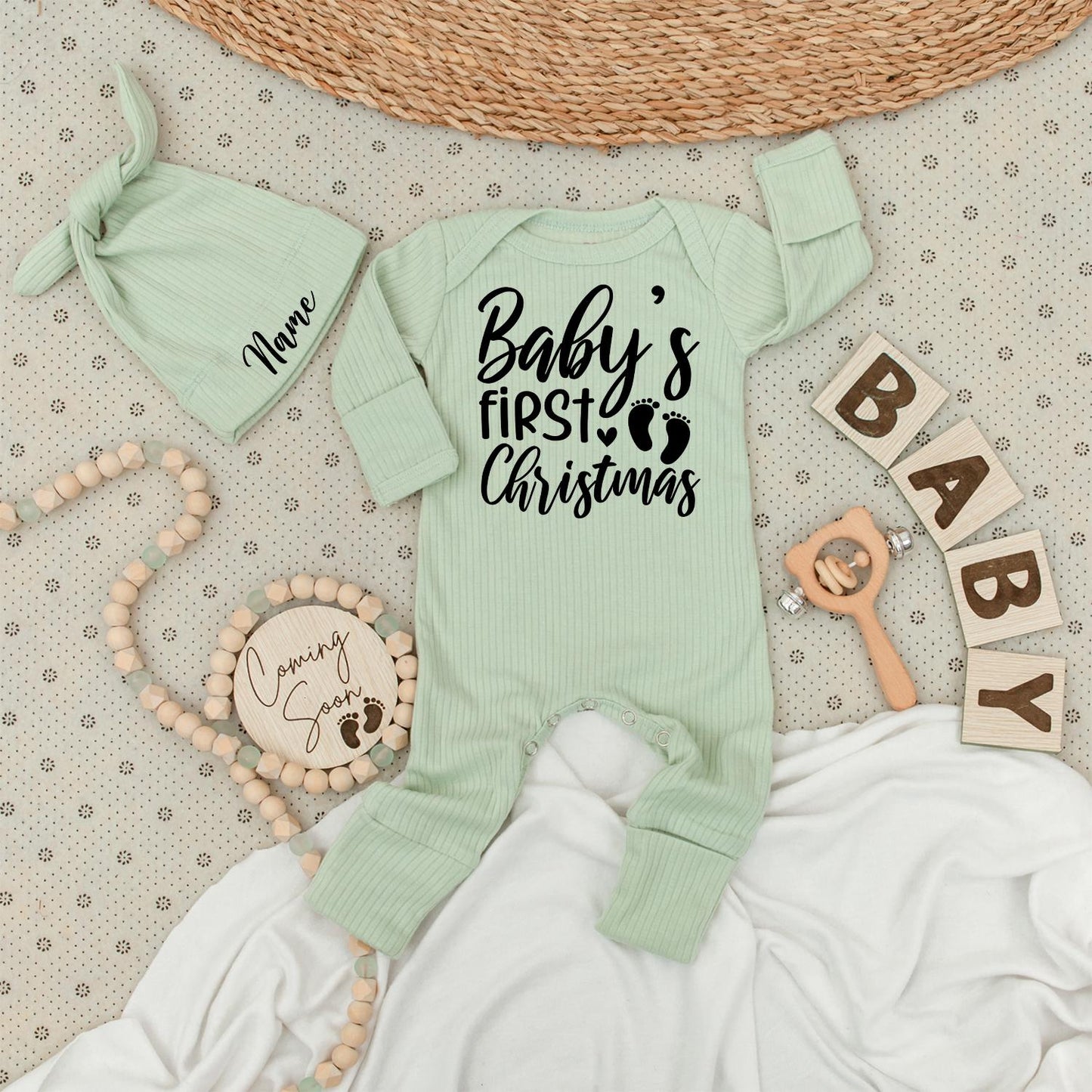 Baby's First Christmas Romper - Soft Newborn Going Home Outfit with Minimalist Footprints, Modern Holiday Bodysuit, Unisex Christmas Gift 138