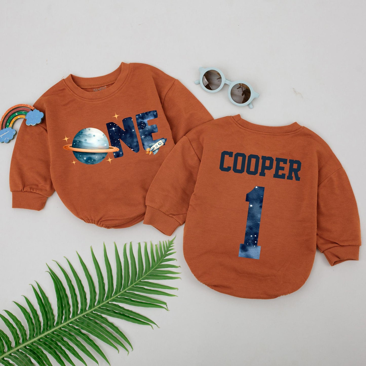 Personalized Space One Birthday Boy Romper First Trip Around The Sun Outfit Watercolor Planet Rocket Starry Blue Orange Comfortable Cotton Gift