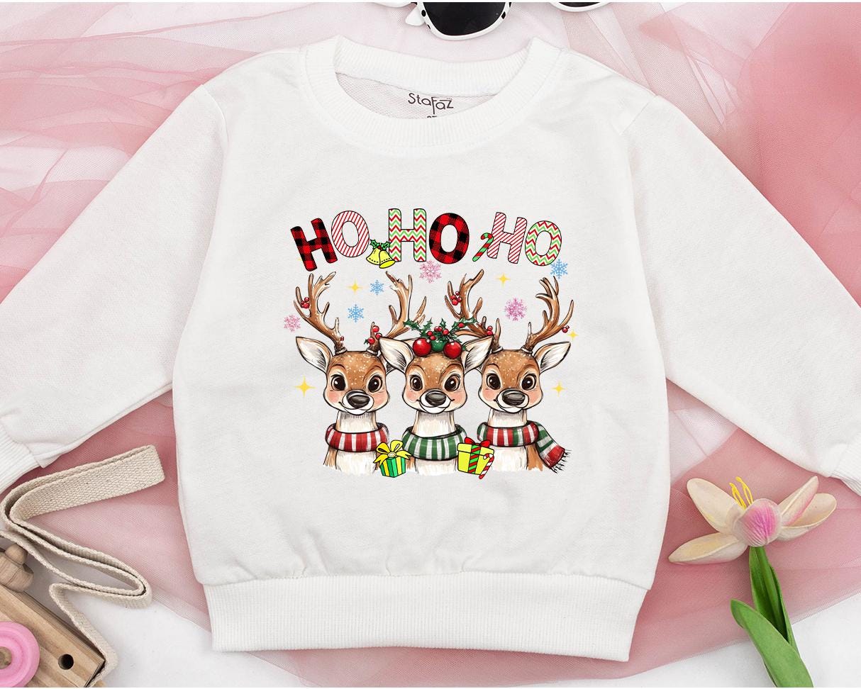 Ho Ho Ho Reindeer Baby Romper Matching Family Sweatshirt Cute Christmas Outfit Newborn Winter Holiday Gift Set with Scarves Presents Stars (138 chars)