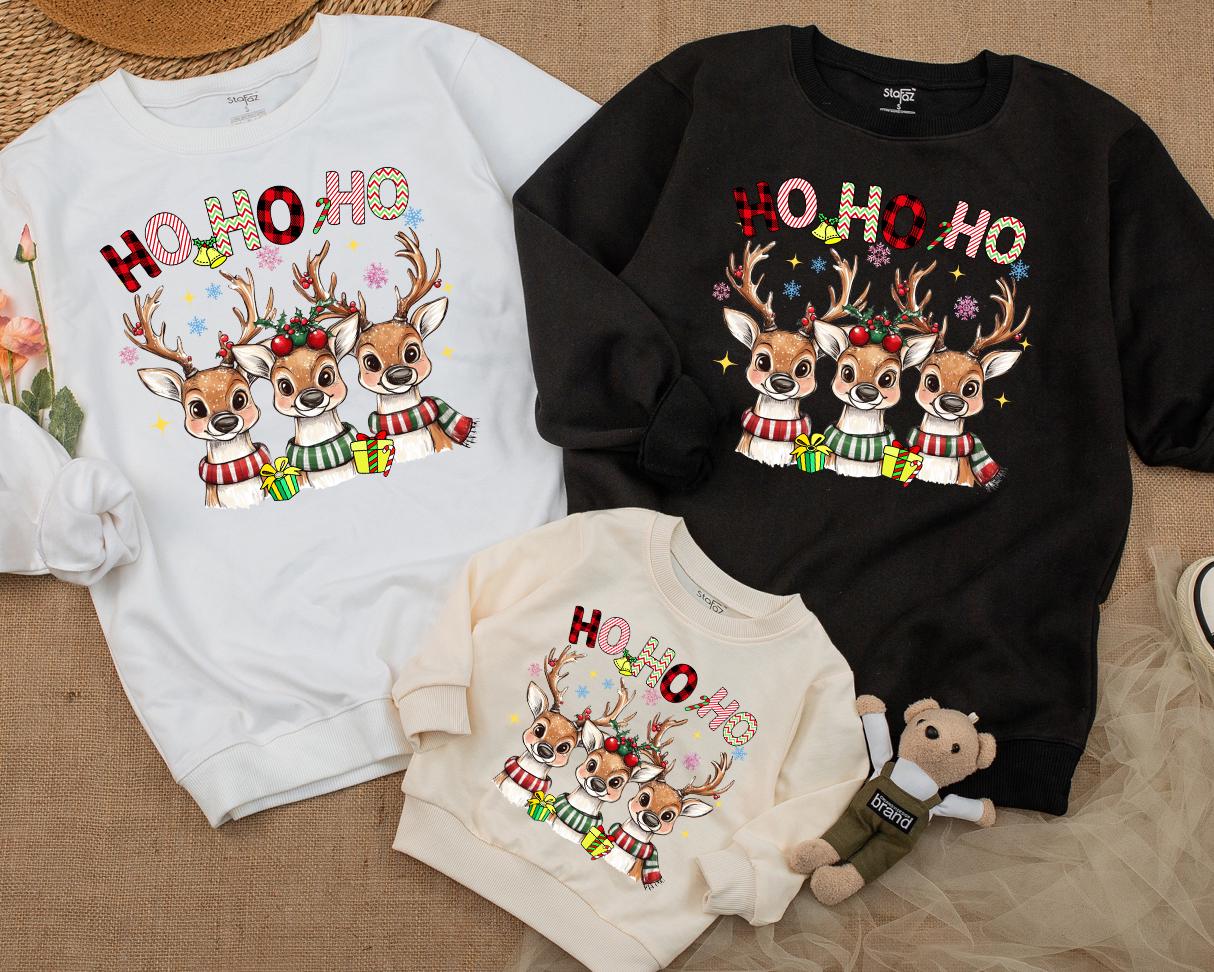 Ho Ho Ho Reindeer Baby Romper Matching Family Sweatshirt Cute Christmas Outfit Newborn Winter Holiday Gift Set with Scarves Presents Stars (138 chars)