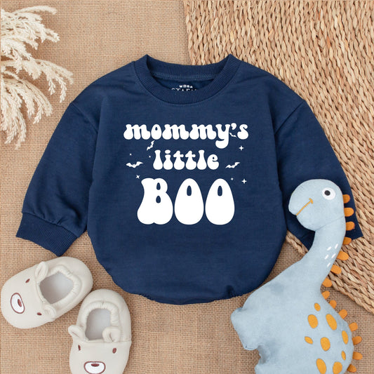 Mommy's Little Boo Halloween Romper, Retro Baby Bodysuit with Orange 'BOO' Text, Spooky Girl Outfit Fall Baby Clothes