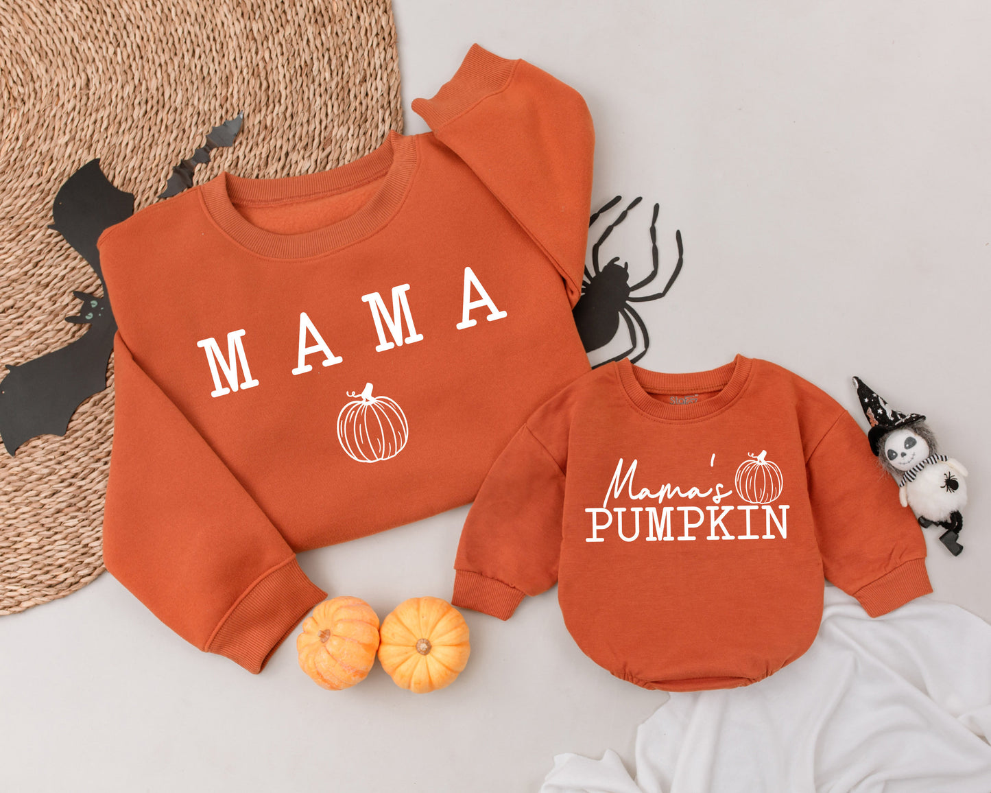 Custom Retro Mama & Mama's Pumpkin Sweatshirts, Mommy & Me Fall Halloween Apparel, White Lettering Festive Family Matching Costume Gift