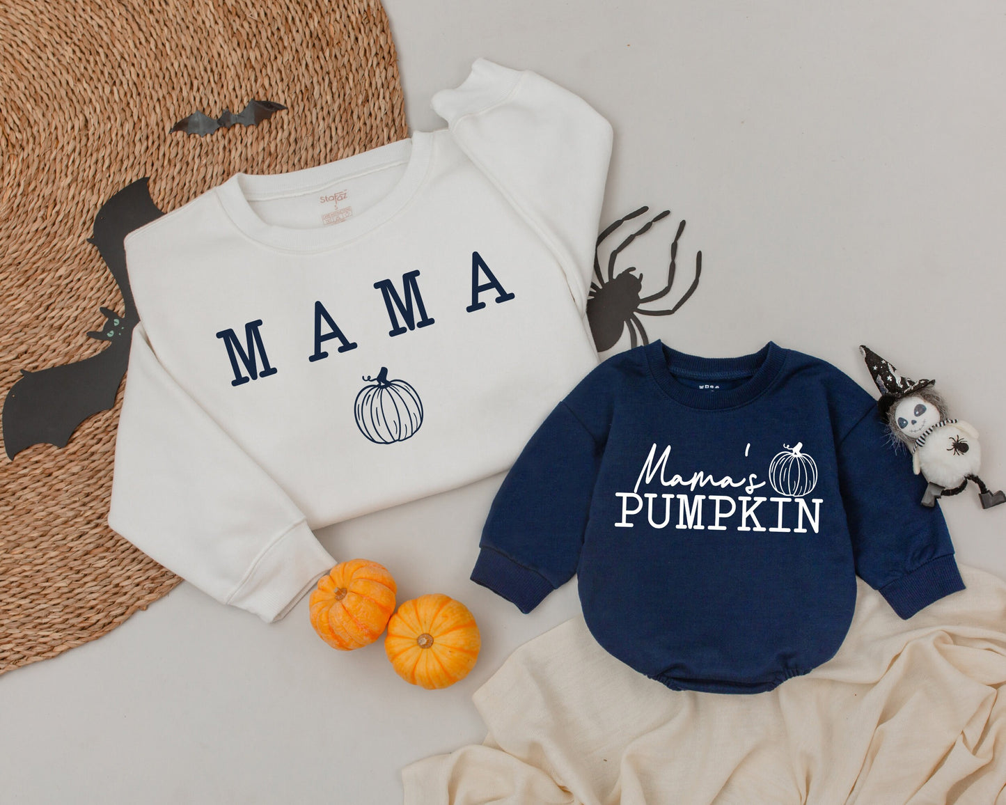 Custom Retro Mama & Mama's Pumpkin Sweatshirts, Mommy & Me Fall Halloween Apparel, White Lettering Festive Family Matching Costume Gift