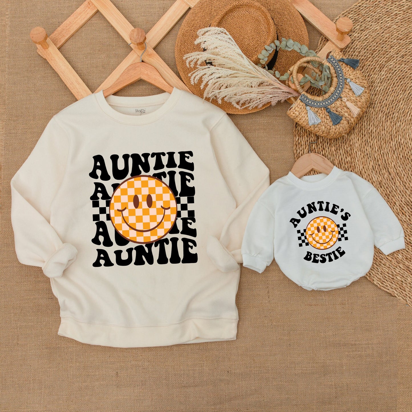 Auntie and Bestie Matching Sweatshirt Set with Retro Checkerboard Smiley Face Adorable Orange Cream Nephew Niece Baby Outfit Gift