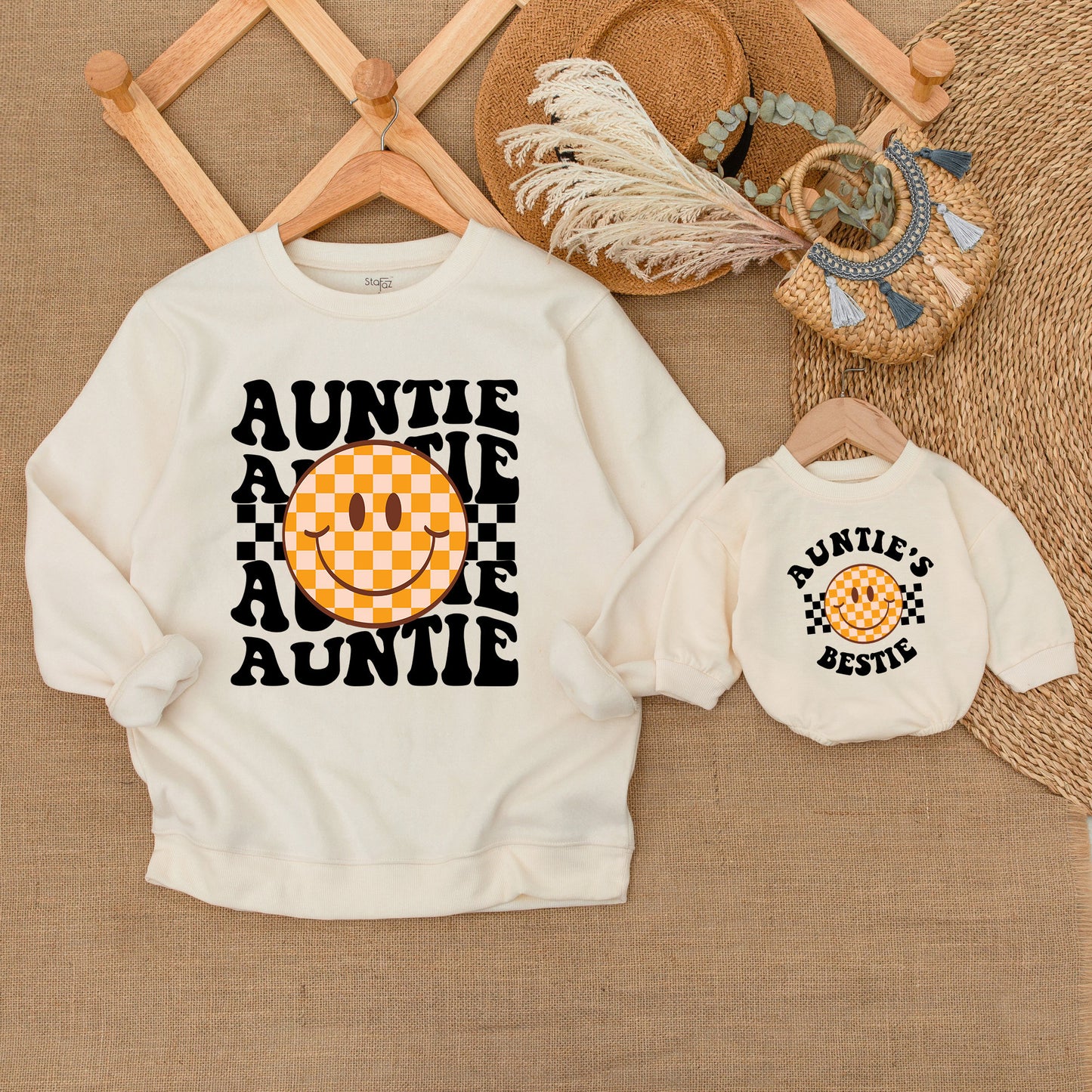 Auntie and Bestie Matching Sweatshirt Set with Retro Checkerboard Smiley Face Adorable Orange Cream Nephew Niece Baby Outfit Gift