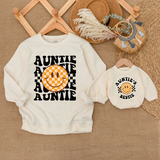 Auntie and Bestie Matching Sweatshirt Set with Retro Checkerboard Smiley Face Adorable Orange Cream Nephew Niece Baby Outfit Gift