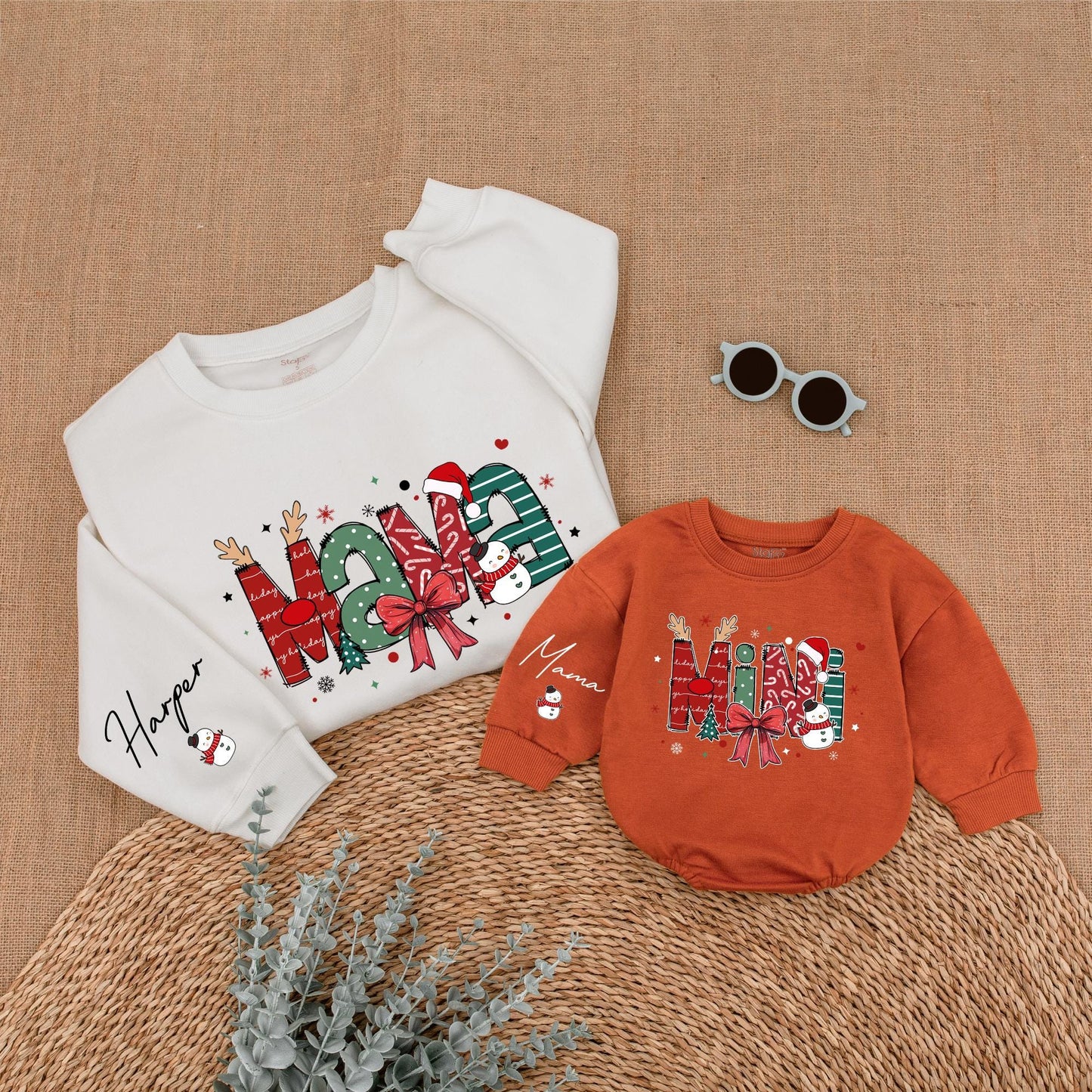 Custom Christmas Mama and Mini Sweatshirts with Festive Holiday Snowmen Snowflakes Trees Whimsical Cheerful Family Outfits Soft Warm Gifts