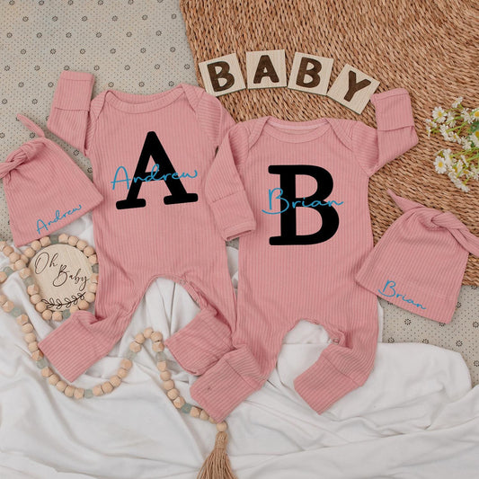 Personalized Baby Name Twin Set Bodysuit & Hat Initial Outfit Funny Best Friends Newborn Gift Romper Kid Infant Clothes Shower Pregnancy (139 chars)