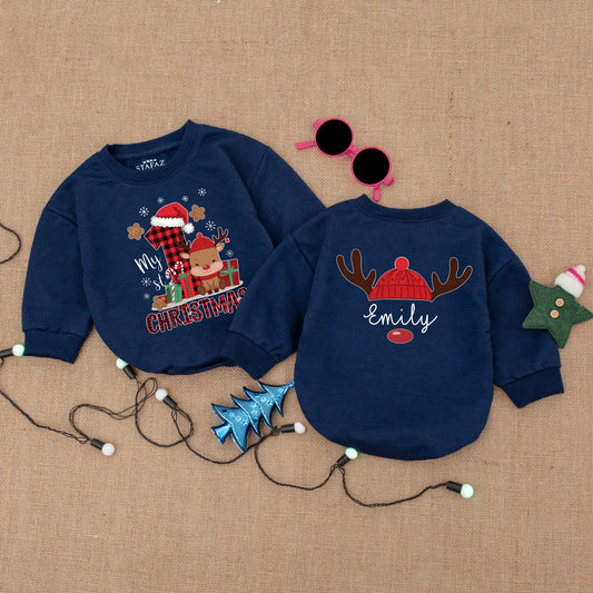 Personalized My 1st Christmas Bodysuit Reindeer Emily Baby Outfit Buffalo Plaid First Xmas Clothes Holiday Gift for Baby Infant Romper Cozy and Cute 138