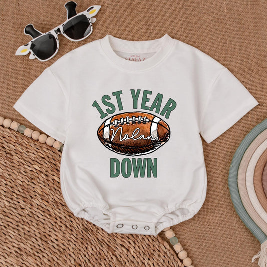 Nolan's 1st Year Down Football Romper Baby Boy Outfit Personalized 1st Birthday Gift First Celebration Bodysuit Brown White Football Design