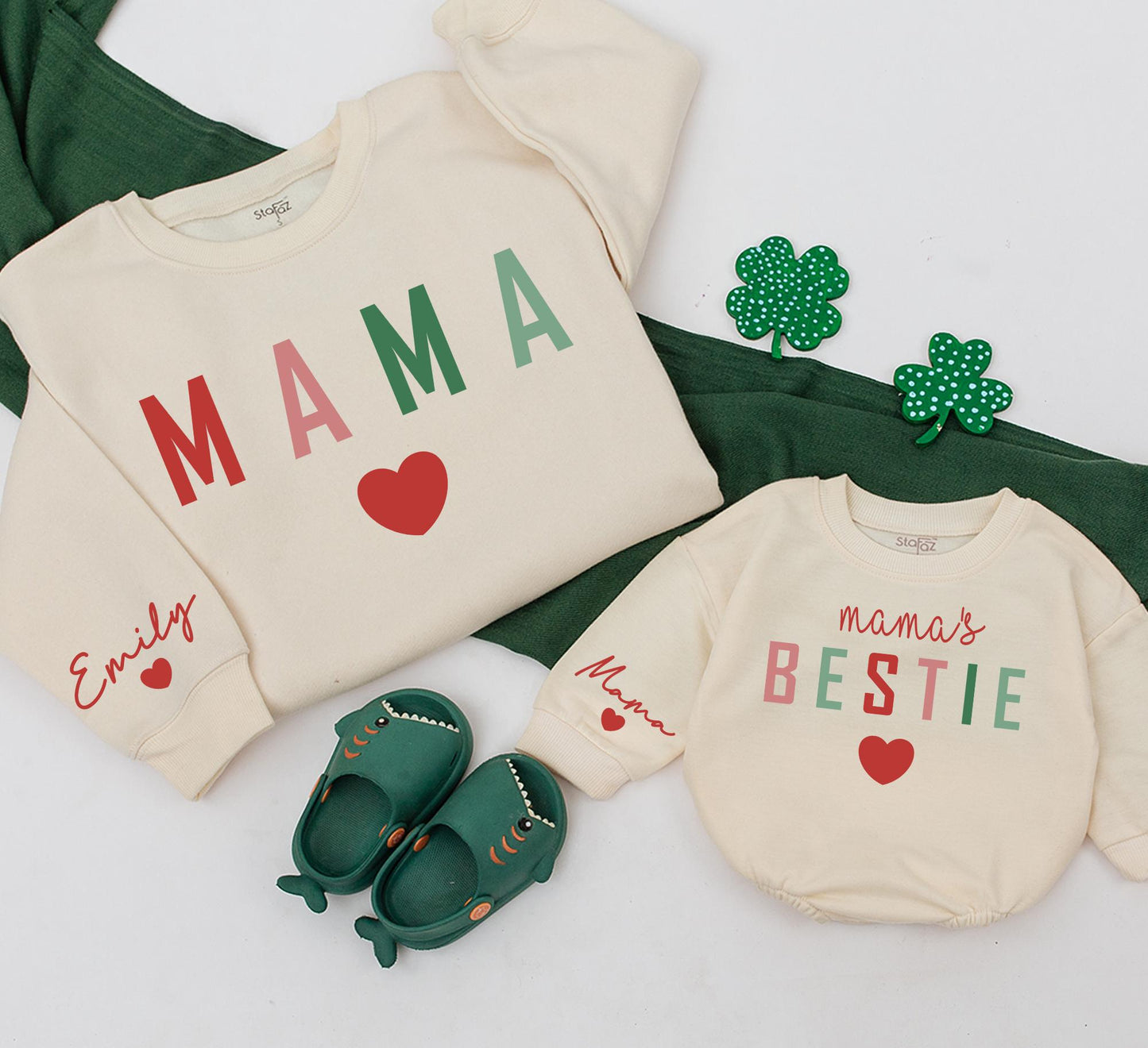 Matching Mama & Bestie Christmas Sweatshirt Set, Pink & Green Block Letter Heart Design, Personalized Emily & Mama Holiday Outfits, Baby Romper Gift