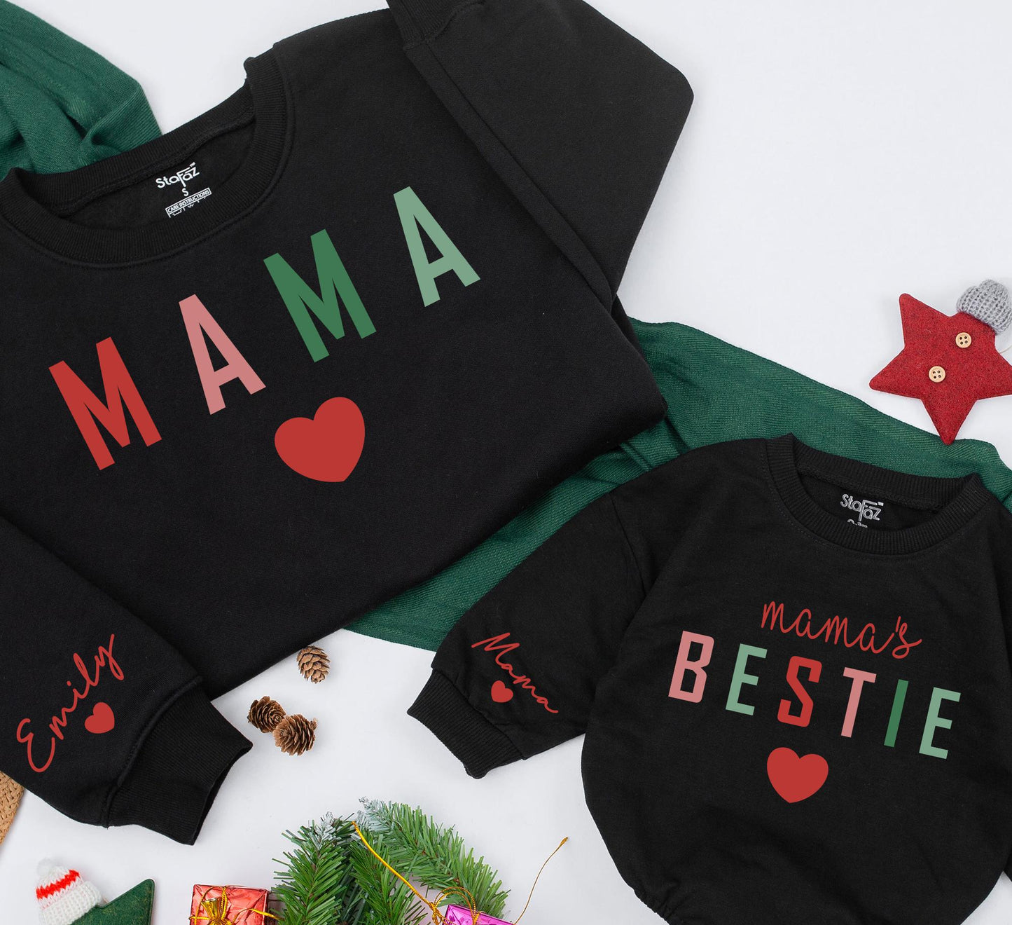 Matching Mama & Bestie Christmas Sweatshirt Set, Pink & Green Block Letter Heart Design, Personalized Emily & Mama Holiday Outfits, Baby Romper Gift