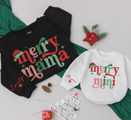Personalized Merry Mama & Mini Sweatshirt Set Retro Christmas Matching Outfits Daughter Mom Baby Girl Holiday Sweatshirts Custom Name Sleeve Heart