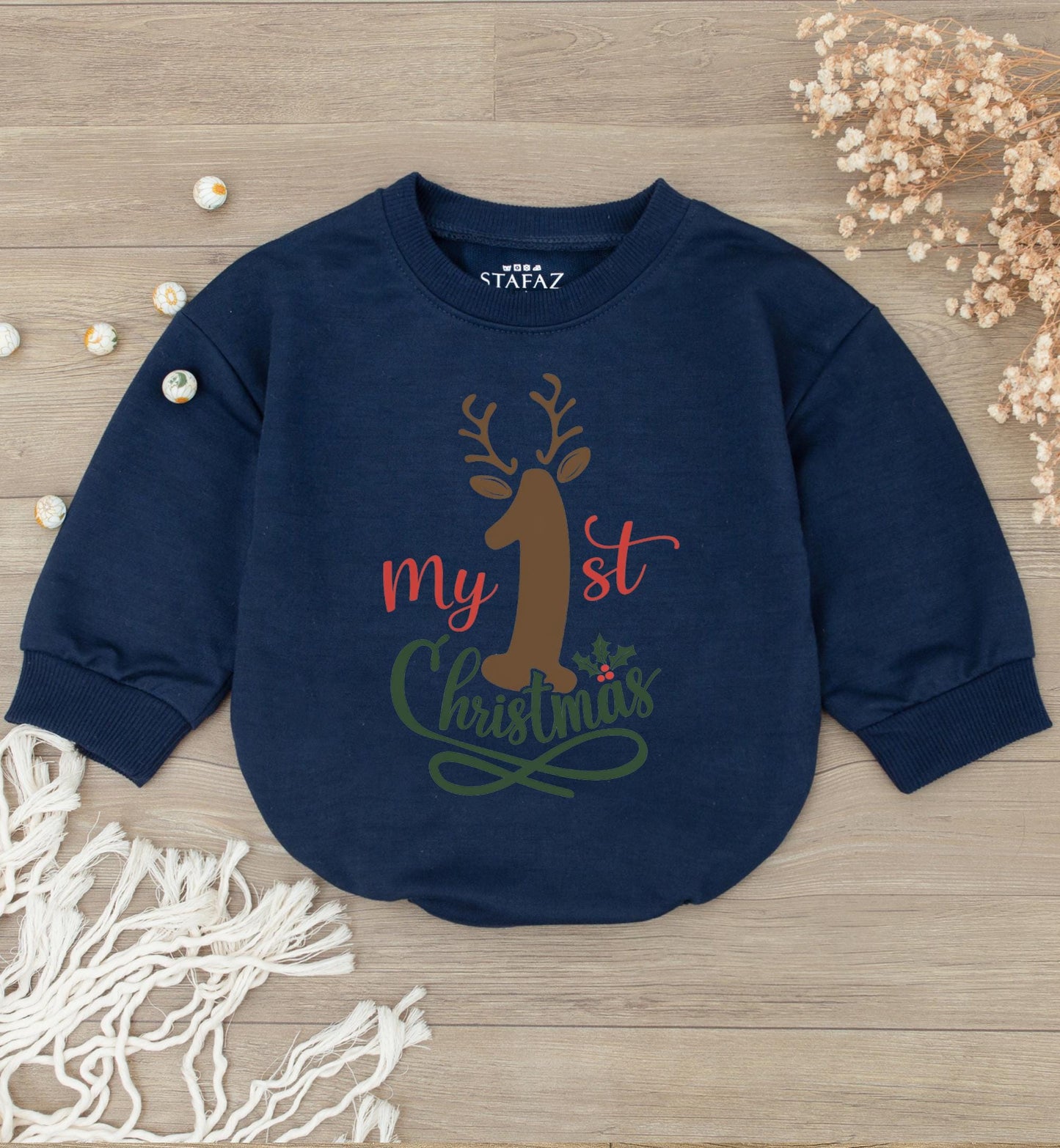 Baby's 1st Christmas Outfit: Reindeer Romper & Bodysuit Set