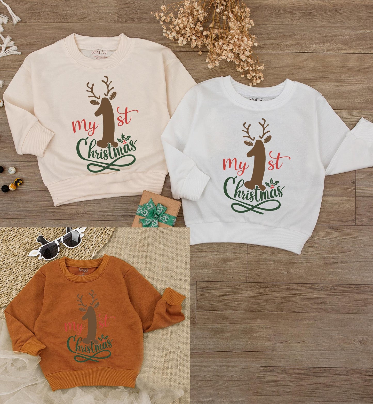 Baby's 1st Christmas Outfit: Reindeer Romper & Bodysuit Set