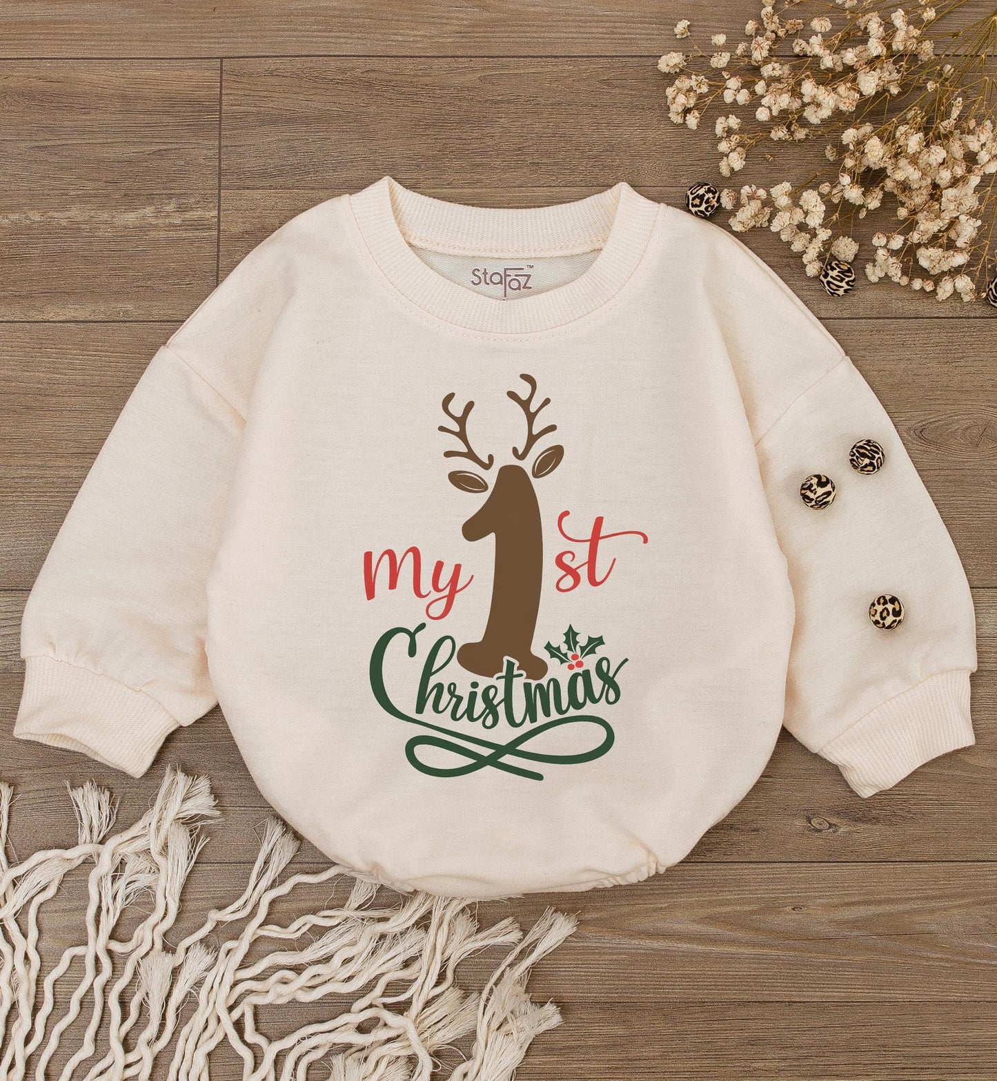 Baby's 1st Christmas Outfit: Reindeer Romper & Bodysuit Set