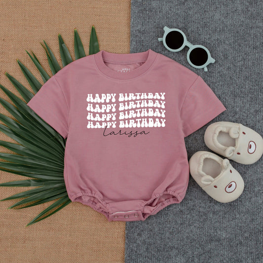 Larissa Happy Birthday Romper, Retro Color Block Design for Baby Girl, 1st Birthday Outfit, Custom Name Script, Comfy Bubble Romper