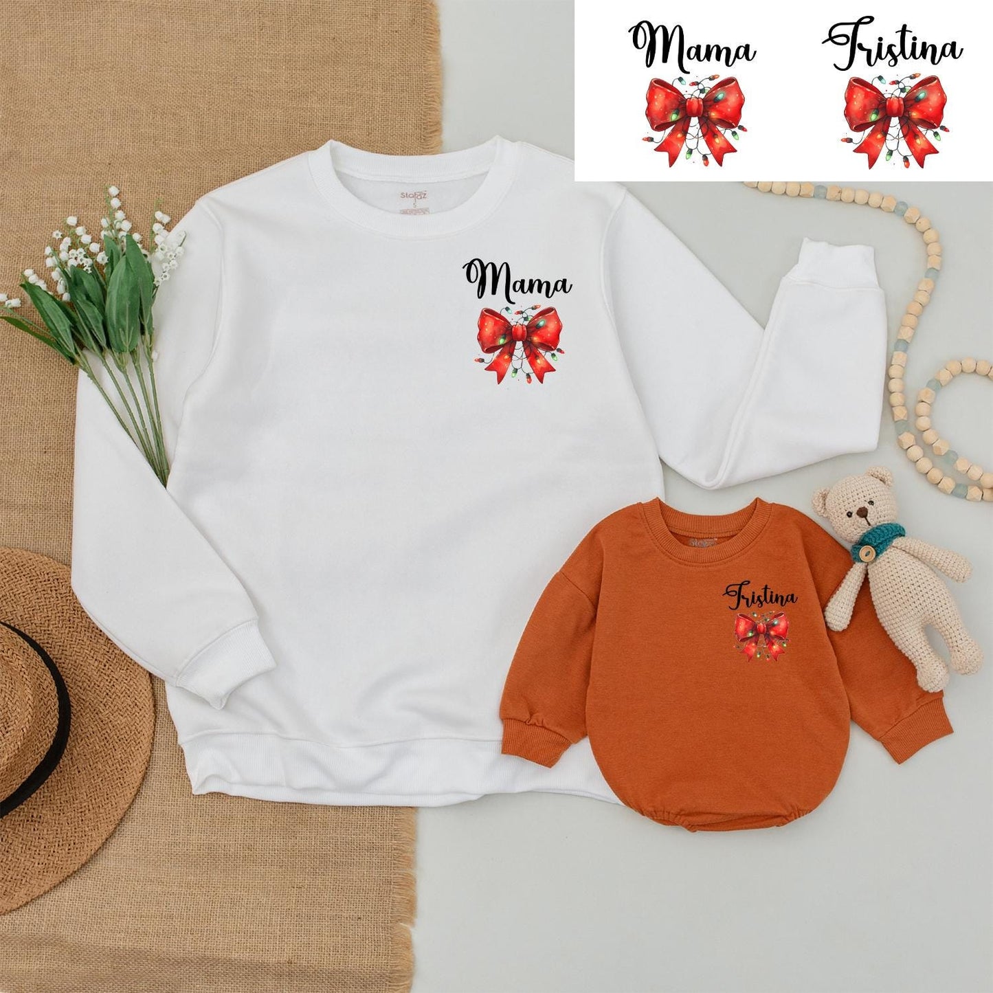 Mama & Mini Matching Family Christmas Sweatshirt Red Bow Holly Design, Dad Daughter Baby Bodysuit, First Christmas Cute Romper, Holiday Shower Gift
