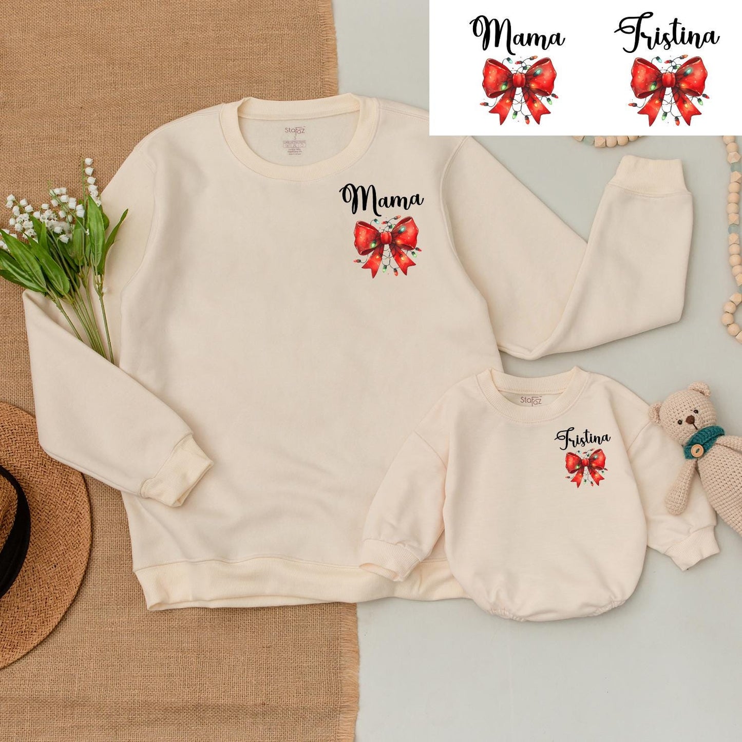 Mama & Mini Matching Family Christmas Sweatshirt Red Bow Holly Design, Dad Daughter Baby Bodysuit, First Christmas Cute Romper, Holiday Shower Gift