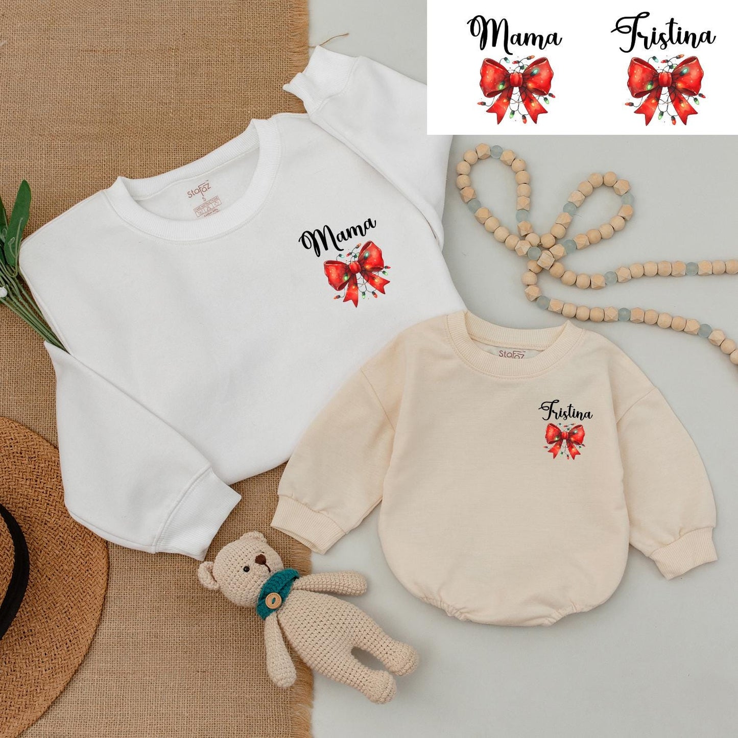 Mama & Mini Matching Family Christmas Sweatshirt Red Bow Holly Design, Dad Daughter Baby Bodysuit, First Christmas Cute Romper, Holiday Shower Gift