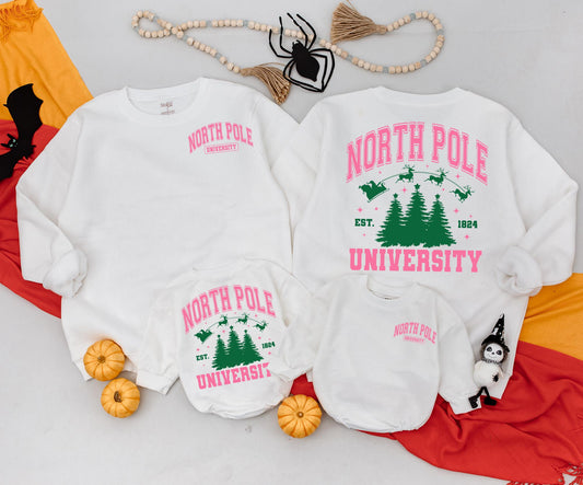 Mommy and Me North Pole University Christmas Sweatshirt Vintage Pink Green Collegiate Design Santa Sleigh Reindeer Est 1824 Baby Toddler Kids Clothing