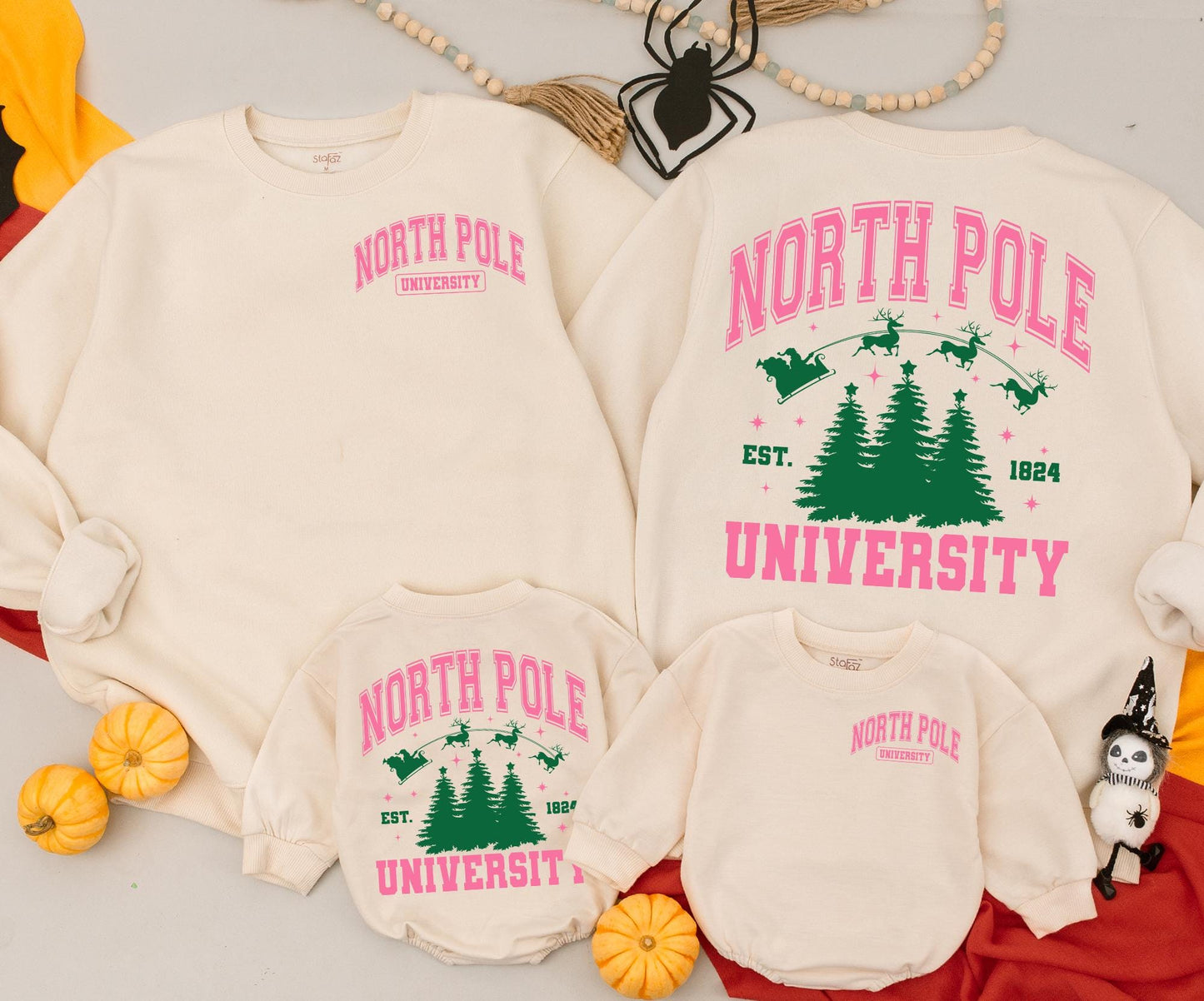Mommy and Me North Pole University Christmas Sweatshirt Vintage Pink Green Collegiate Design Santa Sleigh Reindeer Est 1824 Baby Toddler Kids Clothing