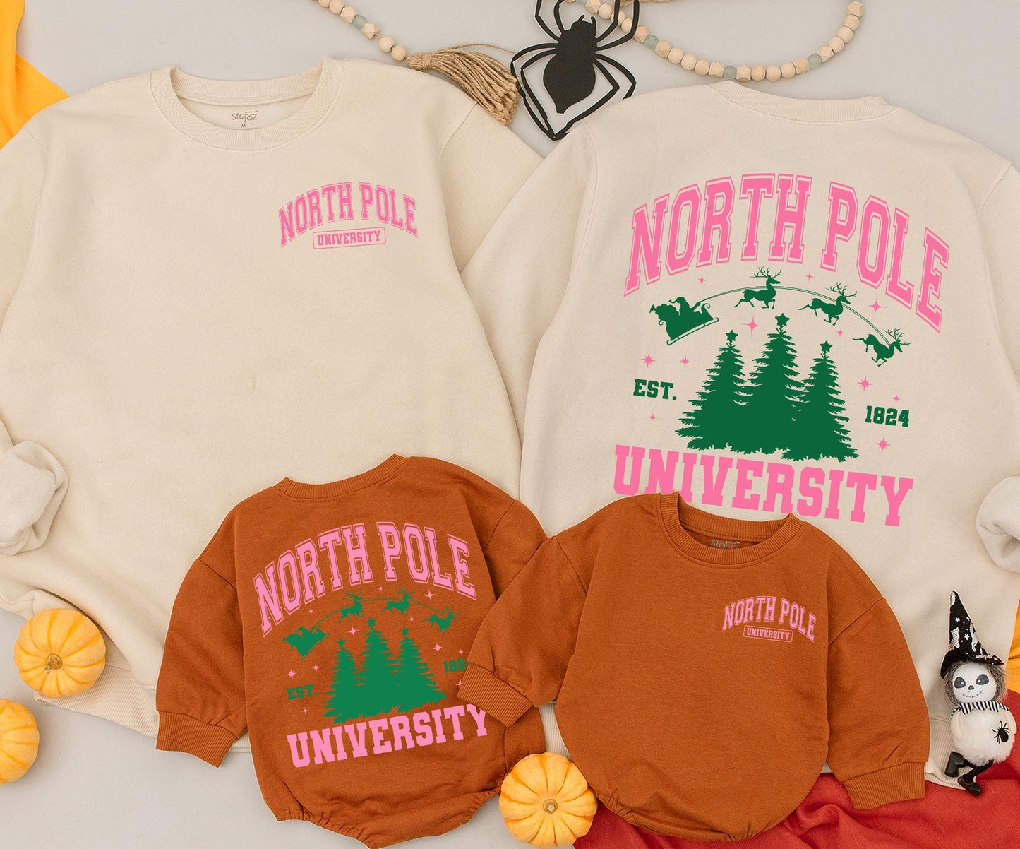 Mommy and Me North Pole University Christmas Sweatshirt Vintage Pink Green Collegiate Design Santa Sleigh Reindeer Est 1824 Baby Toddler Kids Clothing