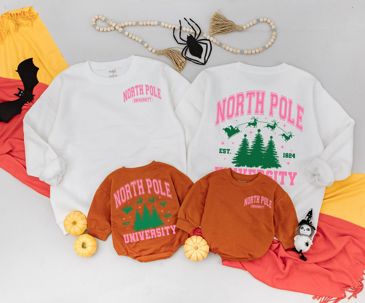 Mommy and Me North Pole University Christmas Sweatshirt Vintage Pink Green Collegiate Design Santa Sleigh Reindeer Est 1824 Baby Toddler Kids Clothing