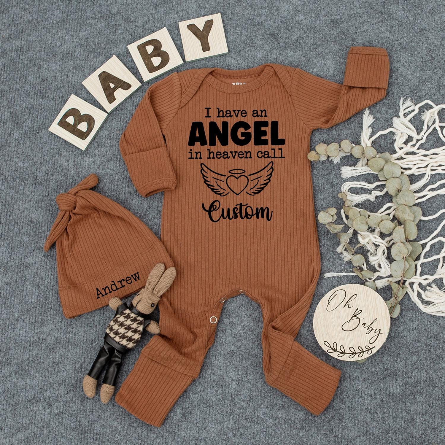 Angel in Heaven Bodysuit & Hat Set - I Call Great Grandma Newborn Outfit - Heart Wings Baby Shower Gift - Memorial Baby Clothes - Custom Baby Set 139