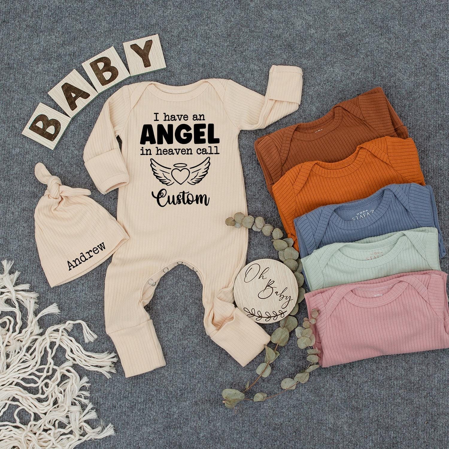 Angel in Heaven Bodysuit & Hat Set - I Call Great Grandma Newborn Outfit - Heart Wings Baby Shower Gift - Memorial Baby Clothes - Custom Baby Set 139
