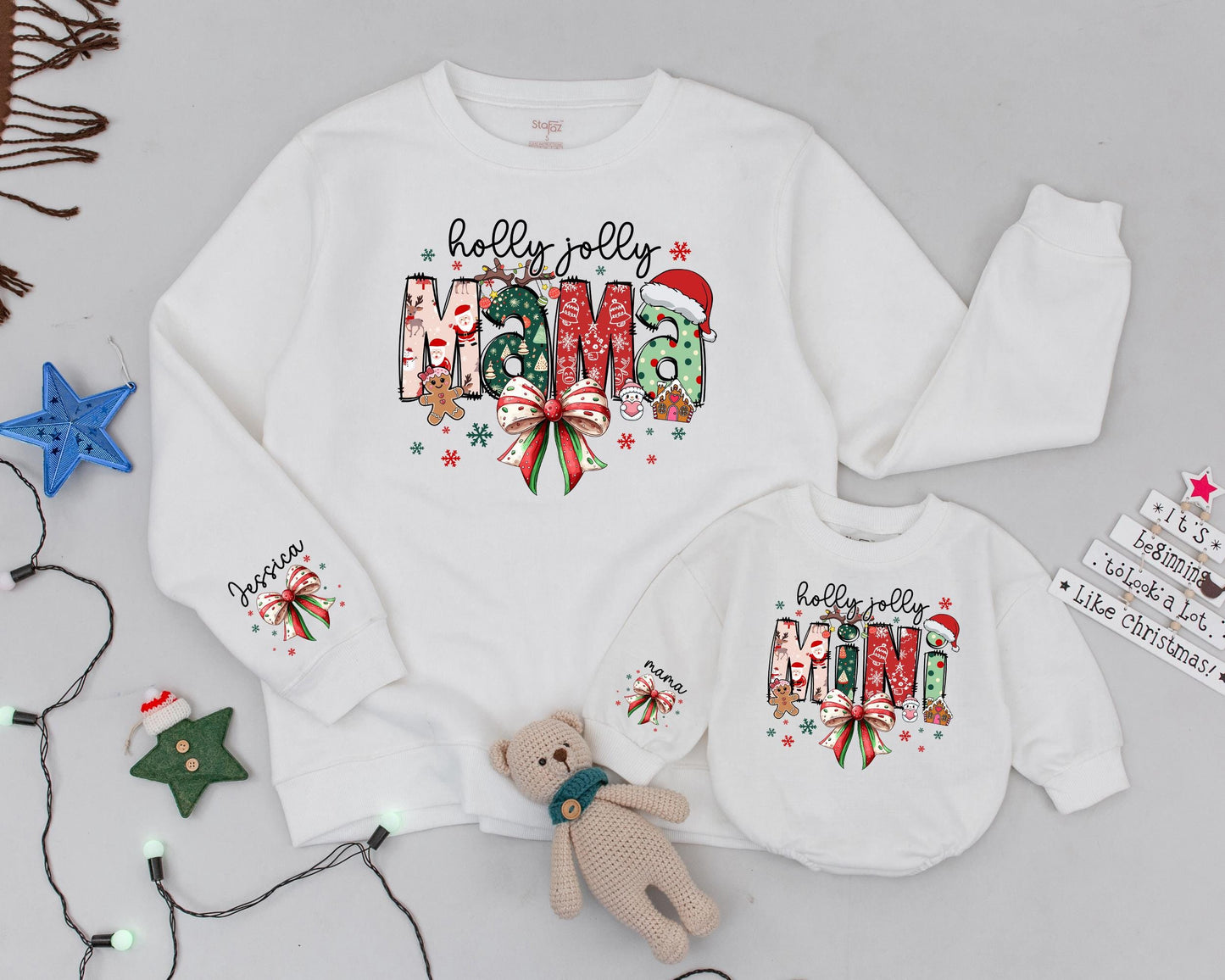 Custom Holly Jolly Mama & Mini Vintage Christmas Sweatshirts Matching Family Outfit Names on Sleeve Festive Snowflakes Bow