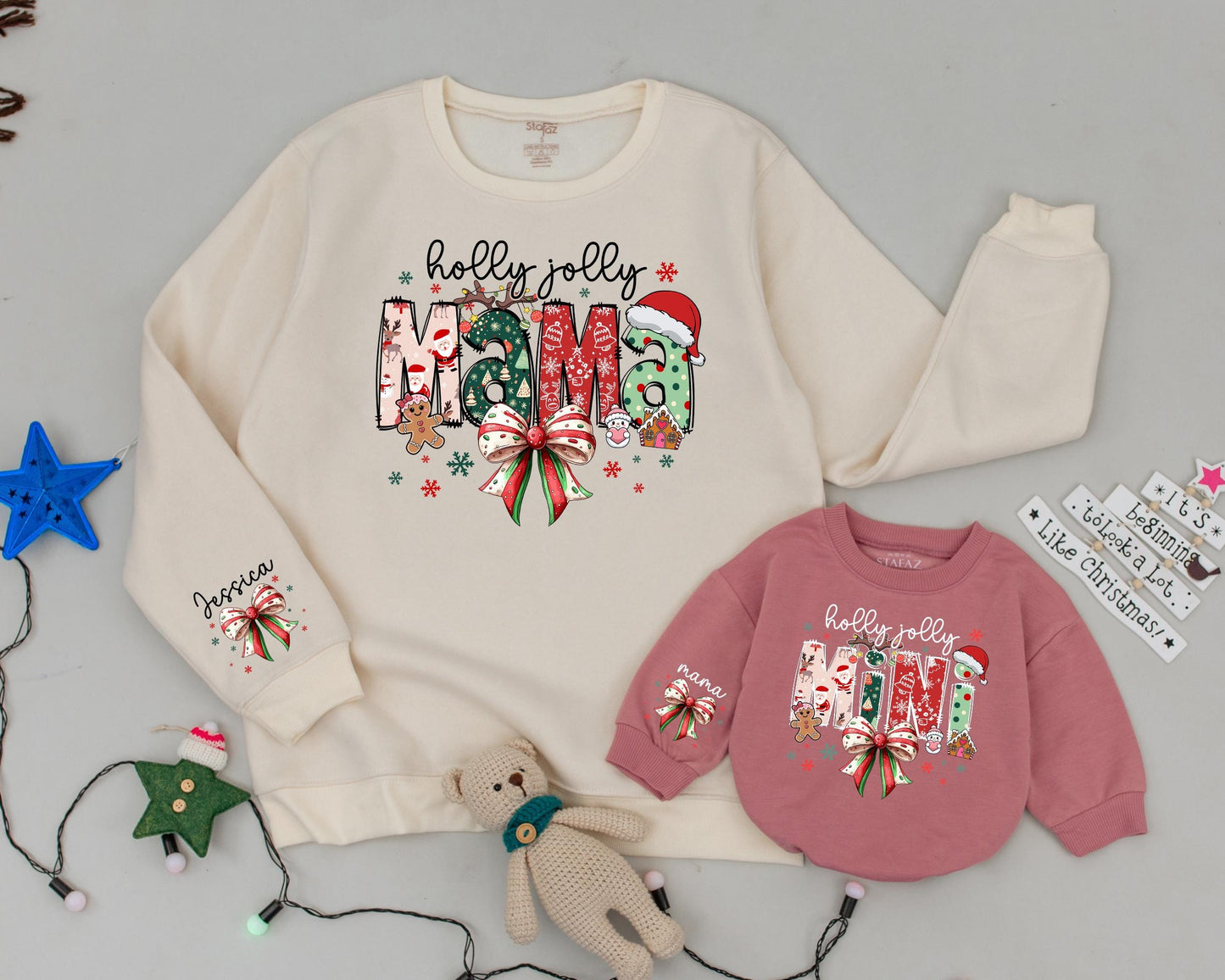 Custom Holly Jolly Mama & Mini Vintage Christmas Sweatshirts Matching Family Outfit Names on Sleeve Festive Snowflakes Bow