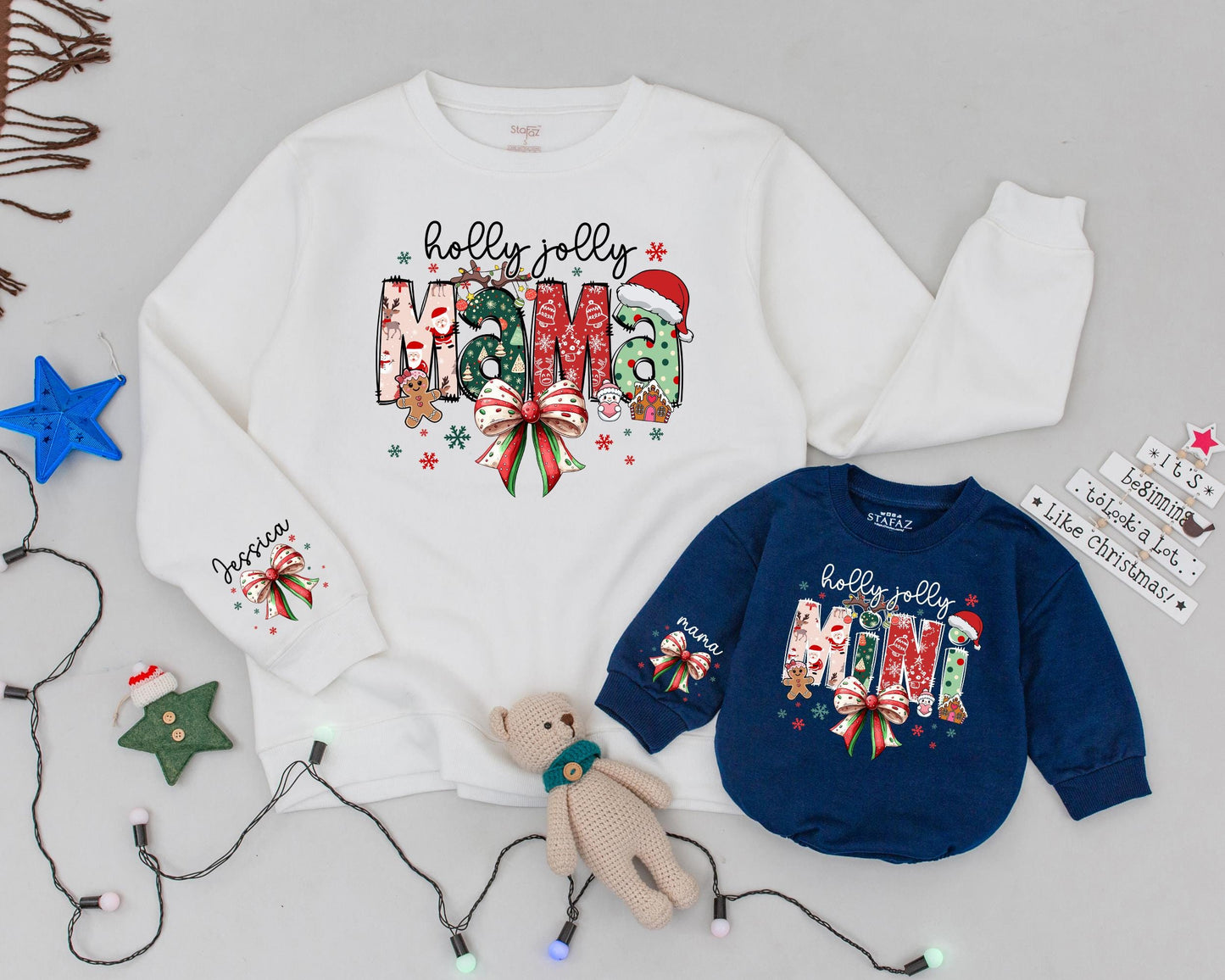 Custom Holly Jolly Mama & Mini Vintage Christmas Sweatshirts Matching Family Outfit Names on Sleeve Festive Snowflakes Bow