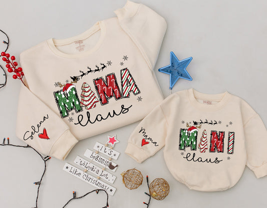 Festive Mama Claus Mini Claus Matching Christmas Sweatshirt and Romper Mom Daughter Holiday Family Outfit with Reindeer and Snowflakes