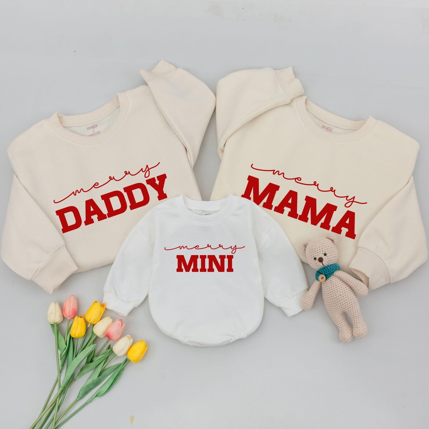 Merry Matching Family Christmas Outfits: Daddy, Mama & Mini Sweaters, Playful Red Holiday Shirts, Mom & Baby Set (Soft Cotton, Modern Design)