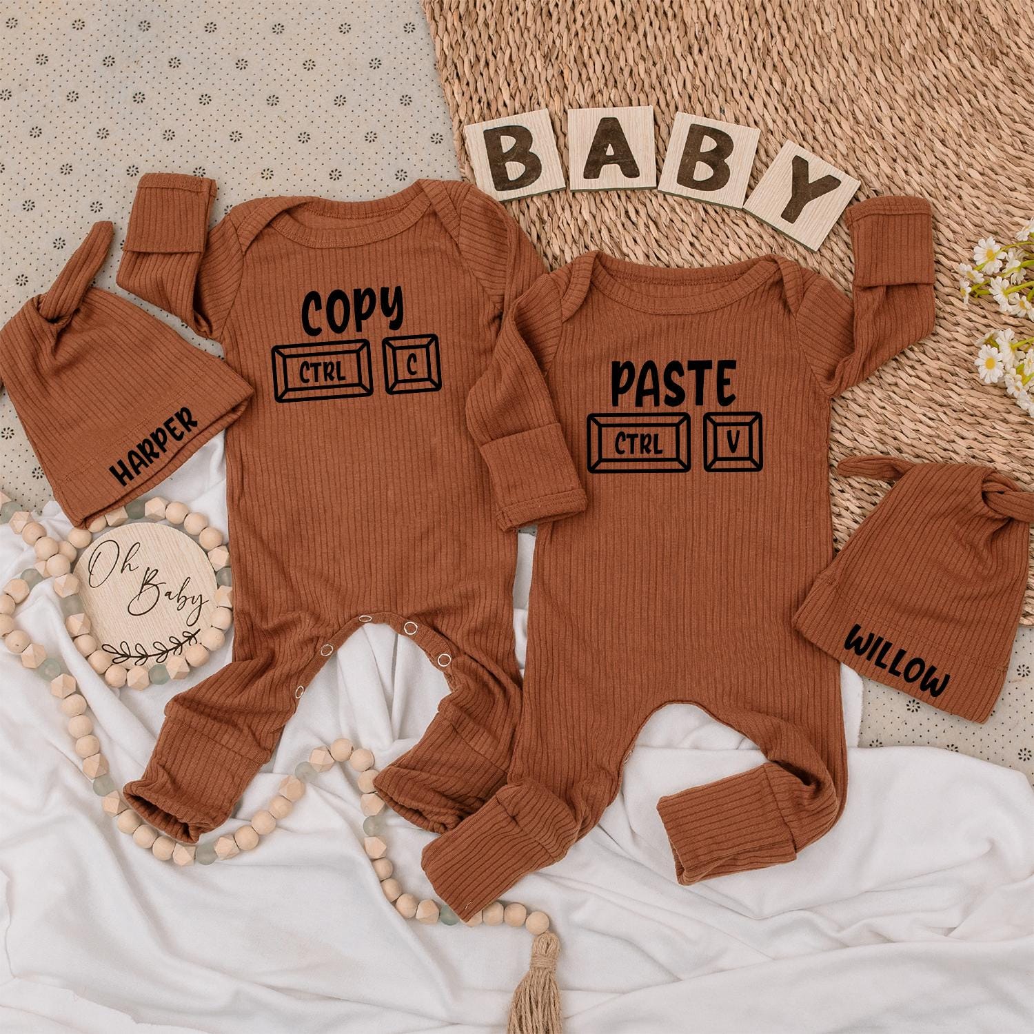 Baby Twin Outfits, Copy CTRL C Paste CTRL V Twin Baby Bodysuits & Hat Set, Newborn Twin Gift