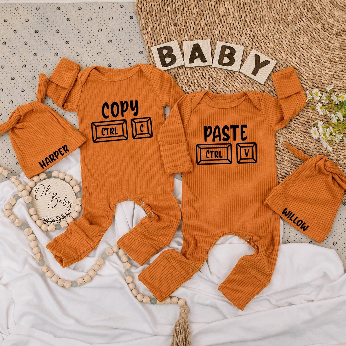 Baby Twin Outfits, Copy CTRL C Paste CTRL V Twin Baby Bodysuits & Hat Set, Newborn Twin Gift