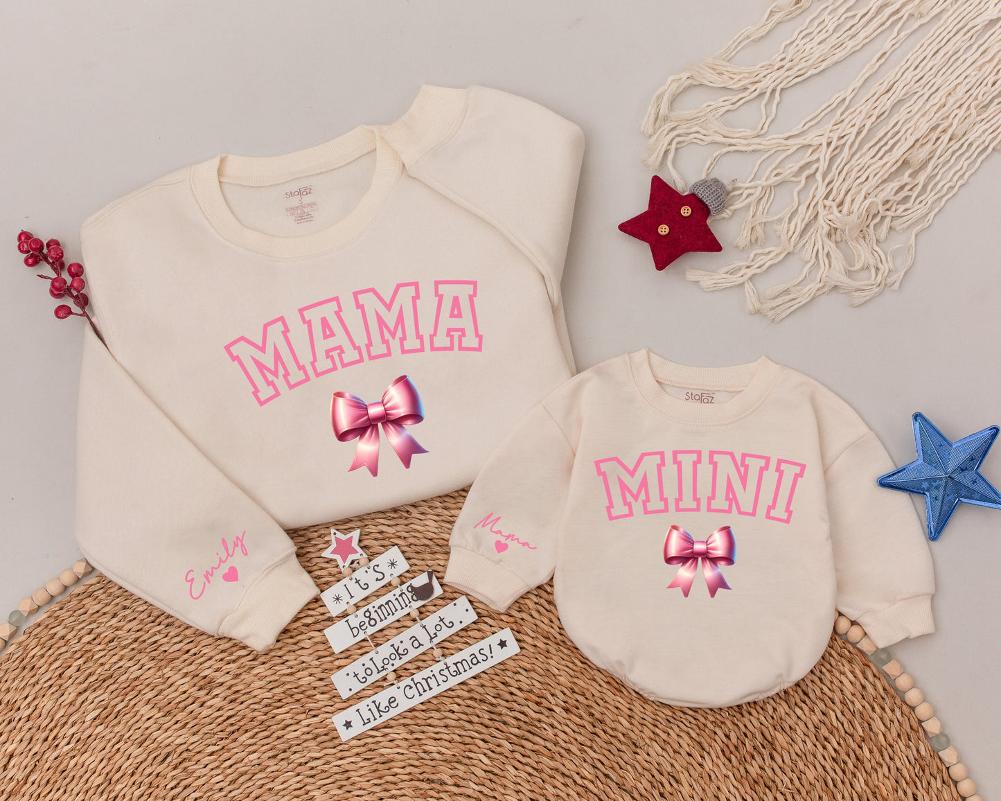 Matching Pink Christmas Sweatshirt Set: Gift for Mom and Daughter