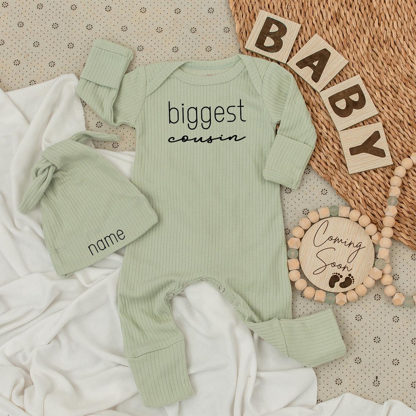 Biggest Cousin Baby Bodysuit & Hat Set, Newborn Coming Home Outfit, Personalized Name, Modern Minimalist Baby Boy Clothes Gift, Big Bro Style (138 chars)