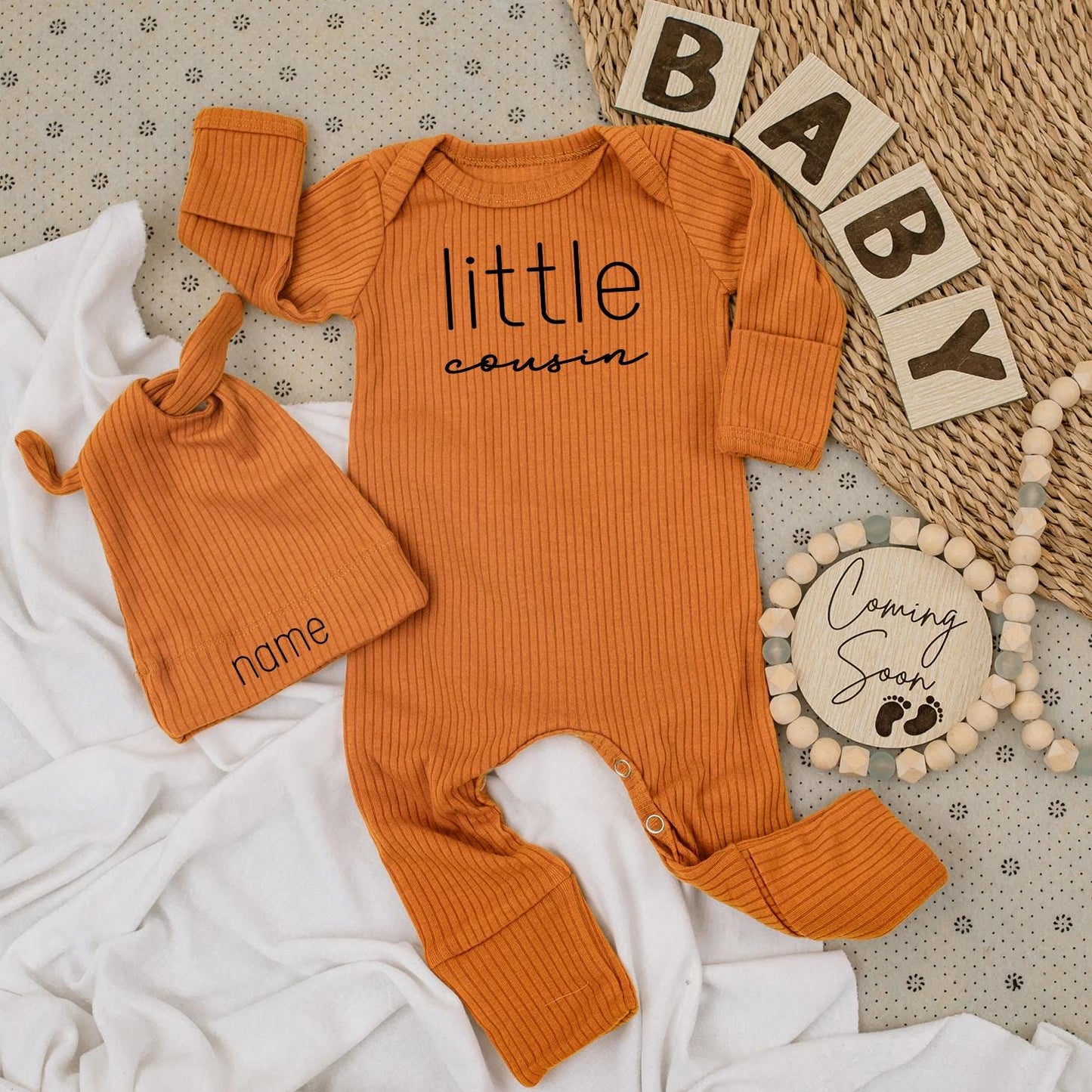 Little Cousin Bodysuit & Hat Set Newborn Baby Boy Outfit Announcement Gift, Minimalist Design, Custom Name Option