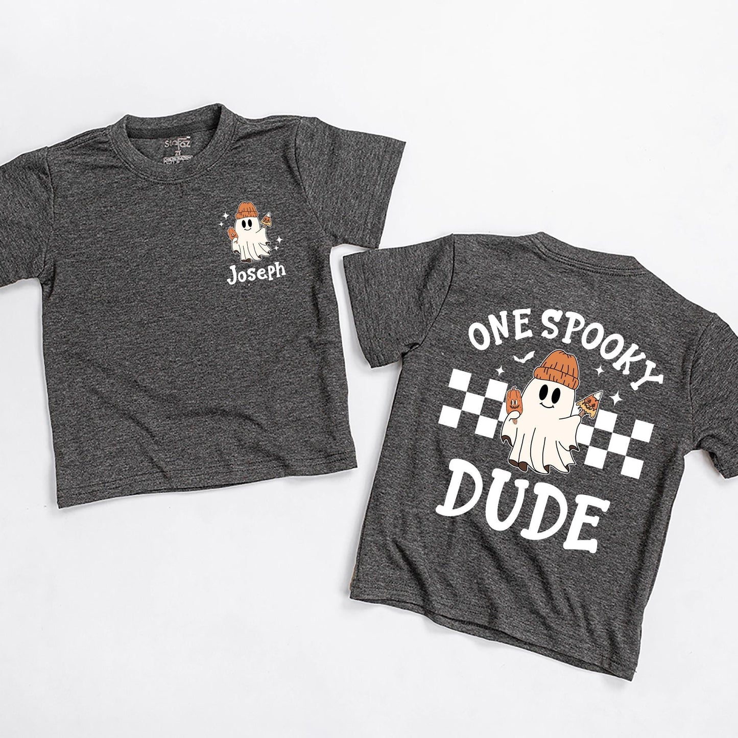 One Spooky Dude First Halloween T-Shirt Baby Boy Ghost with Jack-O-Lantern Orange Beanie Cute Boo Outfit Newborn Fall Gift Checkered Flag Stars 138