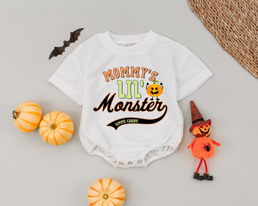 Mommy's Lil' Monster Romper Halloween Costume, Retro Fall Baby Clothes, Pumpkin Outfit, Lime Green Orange Black, Gimme Candy Banner, Infant Bodysuit 136