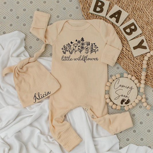 Little Wildflower Baby Bodysuit Hat Set Alicia Personalized Outfit Newborn Girl Going Home Gift Infant Clothes Long Sleeve Minimalist Floral Shower Gift 139 Chars