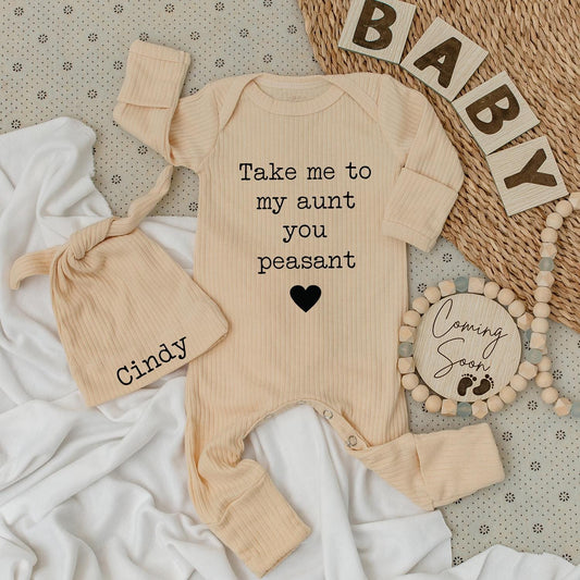 Take Me To My Aunt Peasant Bodysuit Set – Cindy Hat Funny Baby Outfit, Sarcastic Auntie Gift, Newborn Coming Home Clothes, Cotton Romper (139 chars)