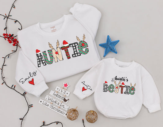 Personalized Matching Auntie and Bestie Christmas Holiday Sweatshirt with Festive Plaid Stripes Antlers Santa Hat Ornaments and Sleeve Hearts