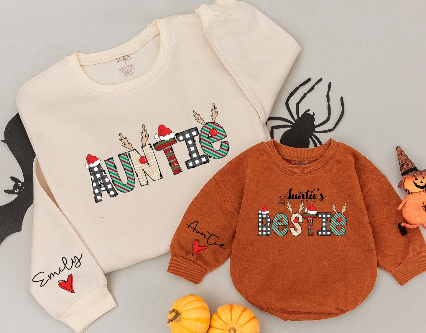 Personalized Matching Auntie and Bestie Christmas Holiday Sweatshirt with Festive Plaid Stripes Antlers Santa Hat Ornaments and Sleeve Hearts