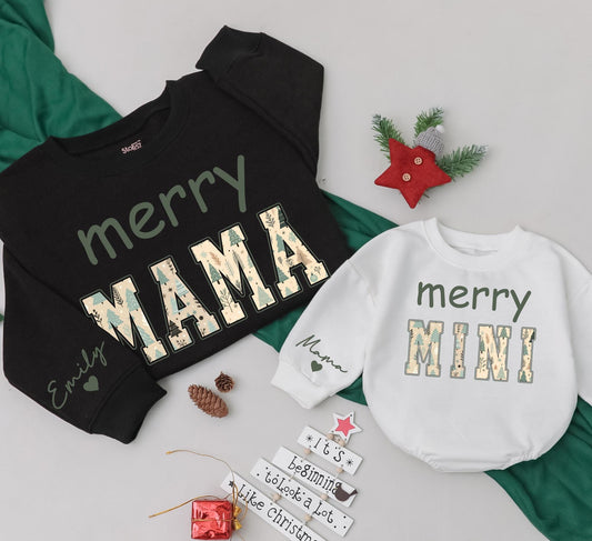 Merry Mama & Mini Matching Christmas Sweatshirt Set, Personalized Name Sleeve, Festive Green Holiday Outfit, Baby Girl Romper Gift, Playful Winter Style (138)